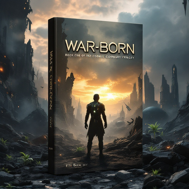 A solitary figure stands amid the ruins of a devastated futuristic cityscape, cast partially in shadow. The figure wears battle-damaged armor adorned with faint glowing technological elements. Surrounding them are remnants of fallen spacecraft, shattered domes, and technological debris, with smoke and dust creating a heavy, atmospheric gloom across the background. The dawn breaks through tumultuous clouds, casting a warm, hopeful light that contrasts against the desolation. Small green plants push through cracks in the ruined tech, hinting at regrowth and renewal.