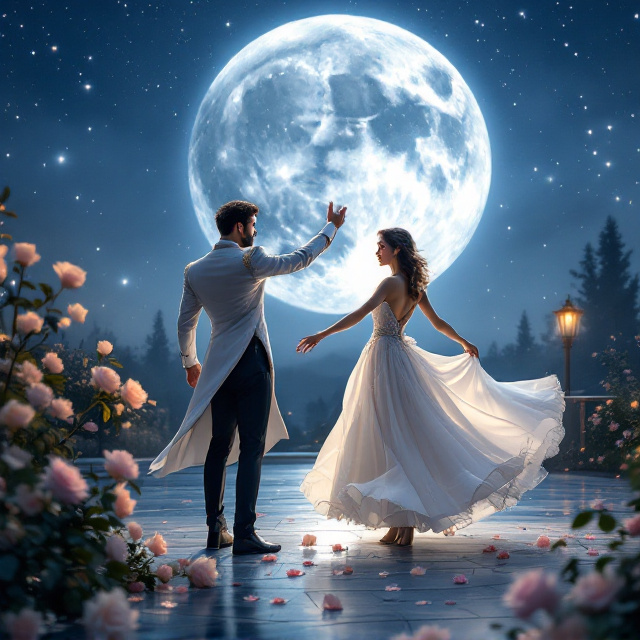 A luminous full moon dominates the backdrop against an evening sky adorned with twinkling stars. A soft, glowing ballroom terrace is visible in the distance. In the foreground, Sofia twirls gracefully in her white, elegant dress, illuminated by silvery moonlight. The prince stands a few steps away, with his hand stretched out towards her, signaling the iconic first moment when their love blossomed. Roses scatter across the foreground, symbolizing romance, and faint silhouettes of ball-goers can be seen at the edge of the terrace.
