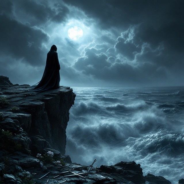 A solitary figure cloaked in dark robes stands at the edge of a cliff, gazing at a stormy midnight horizon. The person’s silhouette is backlit by an eerie glow of moonlight obscured by heavy, swirling clouds. Below the cliff, shadowy waves crash violently against jagged rocks. In the foreground, wilted flowers and broken swords lie scattered, hinting at tragic loss. Subtle wisps of smoke wind around the figure, giving an air of supernatural vengeance.