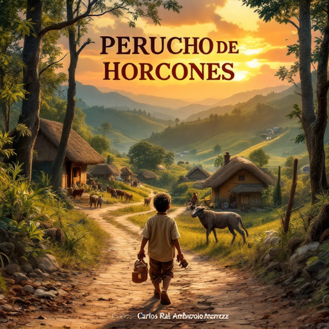 A serene depiction of a young boy in traditional clothing, walking toward a quaint Guatemalan village nestled amidst lush, rolling hills during a vibrant sunset. The foreground features the boy holding a handmade wooden toy, symbolizing innocence and nostalgia. Surrounding the path are various elements like farm animals, a few villagers going about their chores, and scattered traditional houses with thatched roofs. In the background, tall trees frame the scene, exuding tranquility. The color palette is warm, with shades of orange, green, gold, and earthy tones to evoke deep emotion, wonder, and satisfaction.