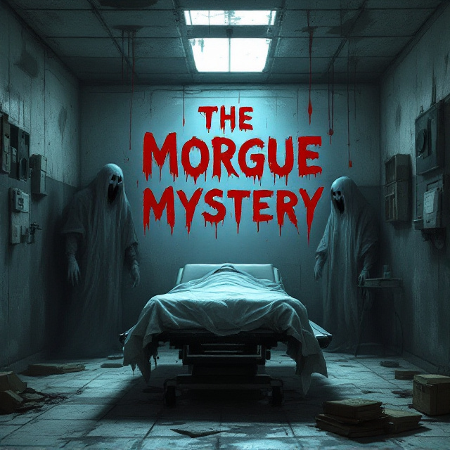 The cover illustration portrays a hauntingly realistic morgue setting. Dim, flickering fluorescent lights cast unsettling shadows across a grim room with peeling paint and cobwebbed corners. At the center is a covered body on a gurney, surrounded by old medical instruments and scattered, aged files. Ghostly, translucent figures linger ominously in the background, their expressions twisted with despair and anger. The walls are smeared with faint streaks of darkened blood. The color palette features muted grays and blues, with disquieting splashes of deep red to intensify the atmosphere. The visual balances realistic detail with unnerving supernatural elements.