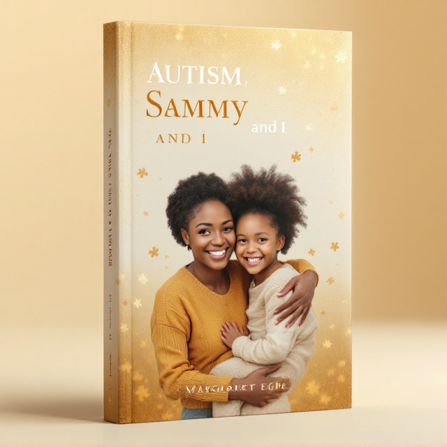 A soft gradient gold background fades from lighter gold at the base to richer tones at the top. A subtle texture incorporates faint puzzle piece symbols, representing autism, barely visible in the light gold areas for a delicate interplay. The central focus is a heartwarming photograph of a mother and her daughter standing together, smiling warmly, evoking emotions of love and trust. The photo features soft, warm lighting, adding depth and tenderness.