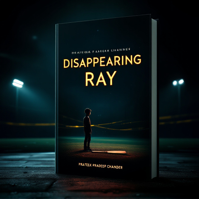 A dark, moody cricket pitch at night, shrouded in shadows, with sharp beams of stadium lights creating dramatic contrasts. A young boy's silhouette is positioned in the foreground, with his cricket bat dropped beside him. Subtle hints of crime elements, such as yellow police tape faintly swirling around the edges of the scene, create an aura of mystery. The background fades into darkness, adding tension and intrigue while focusing on the boy and his predicament.