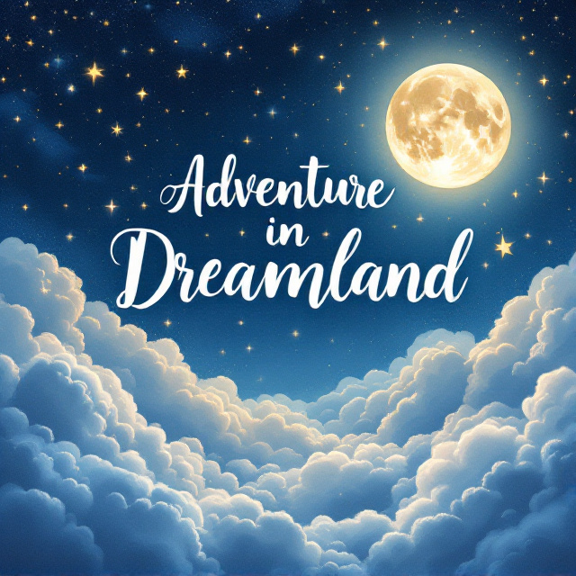 A dreamy illustration of a nighttime sky filled with soft, fluffy clouds drifting across the cover, glowing deep blue hues as the backdrop. A large, radiant moon is positioned near the title with beautiful stars scattered all over, sparkling faintly. On the clouds, there are playful and whimsical patterns, like faint silhouettes of castles or magical creatures, subtly blended into the design. The stars and moon have a slight golden glow to add depth and wonder to the dreamy atmosphere.