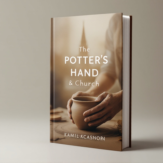 A serene image of a potter’s hand sculpting a clay pot in muted warm tones, symbolizing craftsmanship, care, and creation. In the background, the subtle outline of a church steeple bathed in soft ambient light, representing the spiritual undertone of the book. The elements merge in an atmospheric, slightly vignetted style to evoke an intimate and familial feeling.