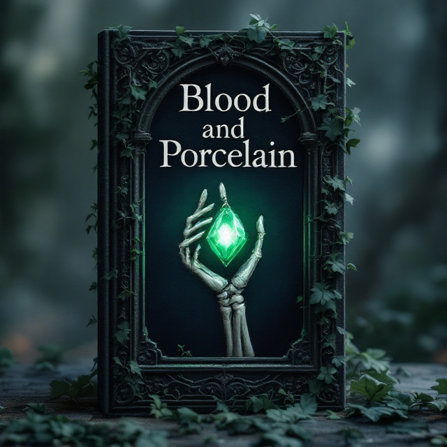 A gothic-style window with intricate, dark wrought iron patterns fills the center of the cover. Ivy creeps over the edges of the window, some leaves slightly curled and shadowy. Through the window, a skeletal hand emerges, its bony fingers elegantly holding an amulet with a gleaming green gem. The gem glows softly as if imbued with magical energy, casting faint green light onto surrounding elements. The background is shrouded in wispy mist, creating a mysterious and otherworldly feel.