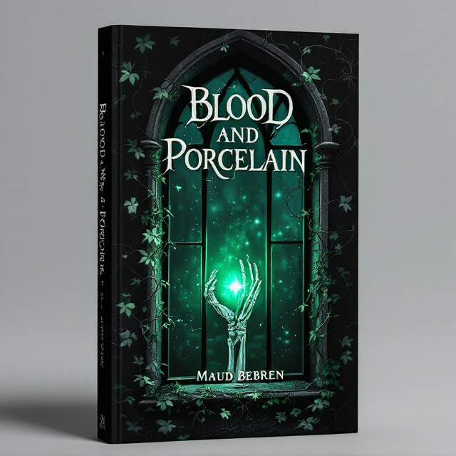 A tall, arched gothic window occupies the center of the cover, framed by twisting ivy vines. The ivy features dark greens and shadowy black tones, while the window's panes shimmer faintly with hints of reflective stone gray. Through the glass, glowing green light catches the eye—a skeleton hand, fragile yet elegant, reaches halfway into the space, clutching an intricately designed amulet that emanates the source of the eerie green light. The background inside the room beyond the hand is a faint shadowy blur, contributing to a mystic atmosphere.