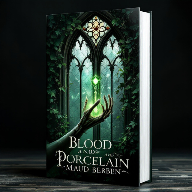A tall, ornate gothic window with arched points dominates the upper two-thirds of the cover, thickly veined with weathered green ivy curling around the frame. Through the stained glass panels of the window, a skeletal hand extending outward holds a glowing green amulet, its eerie light spilling over into the foreground. Below, a girl’s pale hand clasps the skeleton hand, knuckles tense, as if in an effort to pull it back. The background is bathed in deep shadows with a faint mist hazing the edges, hinting at mystery and supernatural forces. The overall color palette is dark green, black, and faint ivory.