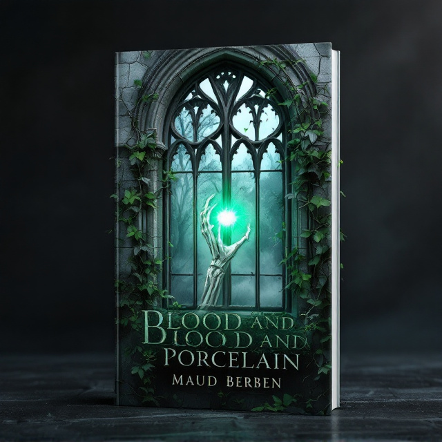 The centerpiece of the design is a majestic gothic window occupying the upper two-thirds of the cover. Tendrils of ivy delicately entwine around its frame, their leaves dark green, contrasting the smoky grayscale of the window's weathered stone. Through the window’s glass panes, a white skeletal hand emerges, holding a luminous amulet that emits a bright green glow, almost lighting the surrounding area. The background transitions from deep black to a muted, foggy gradient, evoking mystery and darkness.
