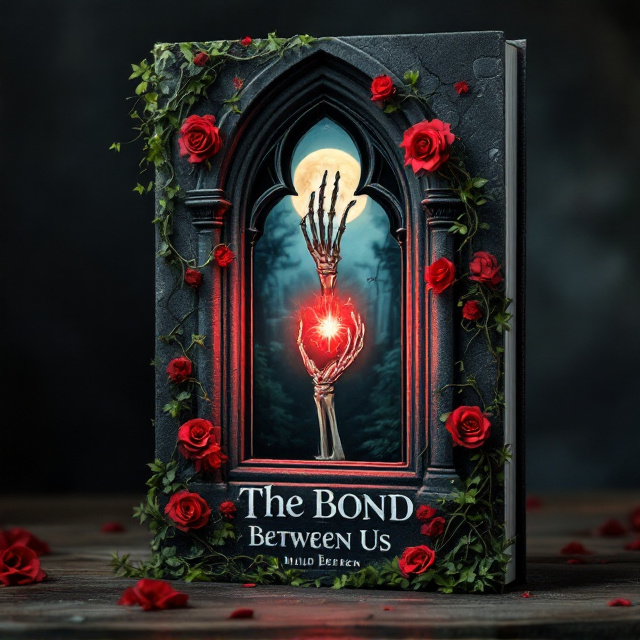 A stone-textured gothic window dominates the center of the cover, its pointed arches carved with intricate detailing. Winding ivy and dark red roses surround the edges of the window, tangled in a haunting, organic embrace. Through the window, the background is dimly illuminated by moonlight with faint shadows, revealing a bony skeleton hand reaching out, clutching a glowing, bright red amulet that radiates a mystical aura. The colors are primarily deep greens, black, and muted grays with a strong pop of crimson red for the amulet's glow.