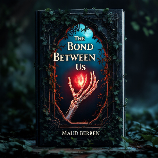 A haunting and intricate visual of a gothic-style window surrounded by dark green ivy wraps, illuminated by dim moonlight from the background. Through the window’s jagged frame, a skeletal hand reaches forward gripping a radiant red amulet. The amulet glows fiercely, casting crimson reflections on some of the ivy leaves while the skeletal hand slightly illuminates itself with the red light. The backdrop beyond the window fades gently into shadowy mist to enhance the mystic tone.