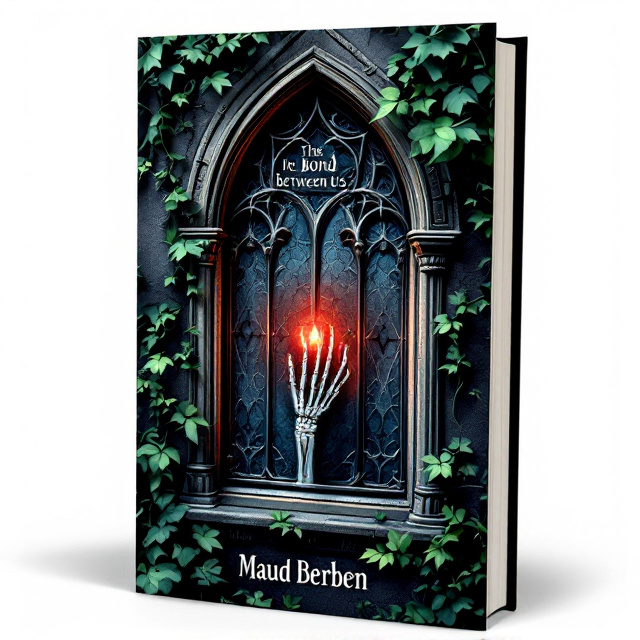A hauntingly intricate gothic window dominates the center of the cover, detailed with ornate tracery. The window is surrounded by lush ivy that curls and twists around it, adding layers of texture and mystery. Through the window, faintly illuminated by dim, ethereal light, a skeleton hand is seen delicately holding a glowing bright red amulet. The glow emanates slightly beyond the window frame, emphasizing the supernatural aura. The color palette is deep and moody, with shades of black, gray, and emerald green contrasting with the vivid red of the amulet.
