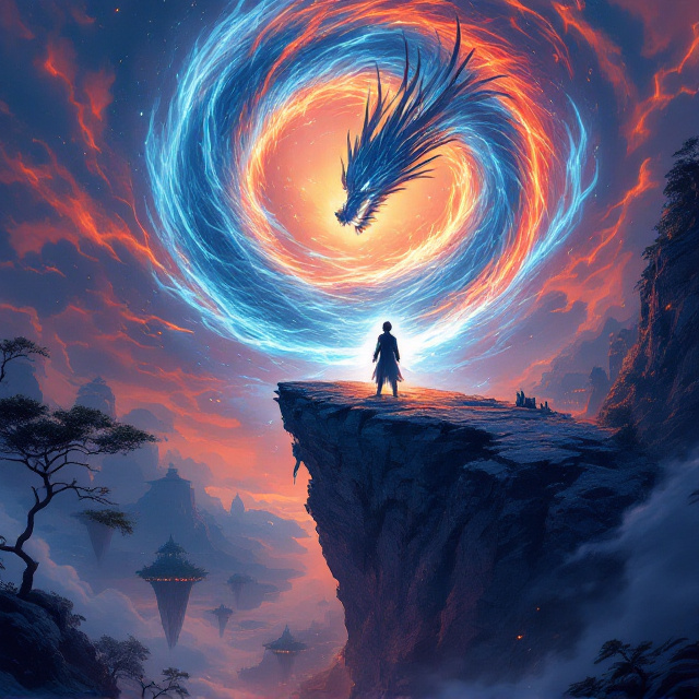 A striking scene depicts Seiryu standing on a crumbling cliff surrounded by a swirling vortex of azure flames, his body seeming to glow faintly from the Azure Flame he's mastering. A fierce Eastern-style dragon silhouette outlines his figure in shimmering light. The fantasy world of Veridor is shown in the distance with floating islands, towering forests, and hints of otherworldly creatures near him. The background captures a dramatic twilight sky, transitioning from fiery reds to ethereal blues. Manga-inspired art gives the design a detailed, expressive aesthetic that contains fine, dramatic linework and rich gradients.
