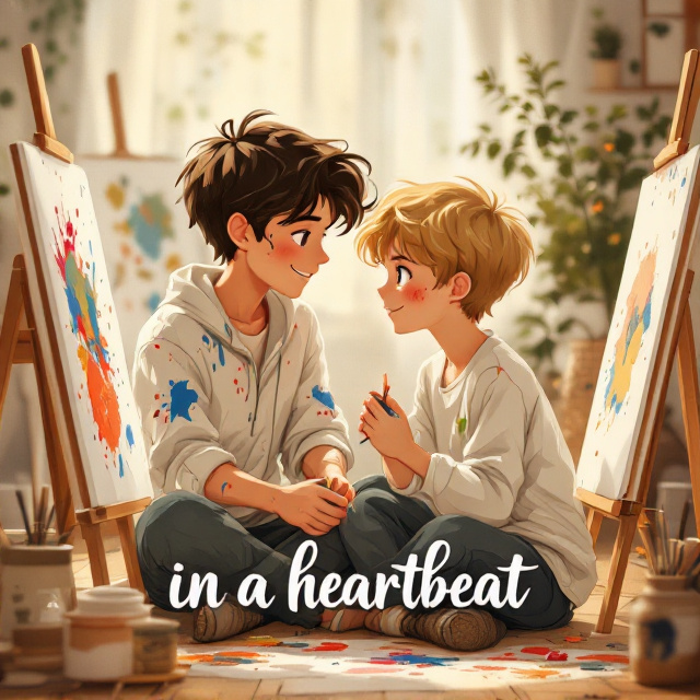 Two drawn anime-style boys are depicted painting together in a cozy studio space. The boy with dark brown hair is slightly taller and dressed in a loosely splattered paint-covered outfit, gazing warmly at the blonde-haired boy, who is deeply focused on his own painting. Both boys have streaks of colorful paint on their cheeks and arms, symbolizing playfulness and growth. The color palette focuses mainly on shades of brown, beige, and warm neutrals, with small pops of vibrant paint splashes (blues, reds, yellows) on their clothes and hands. The background is softly blurred with wooden floors and easels surrounding them.