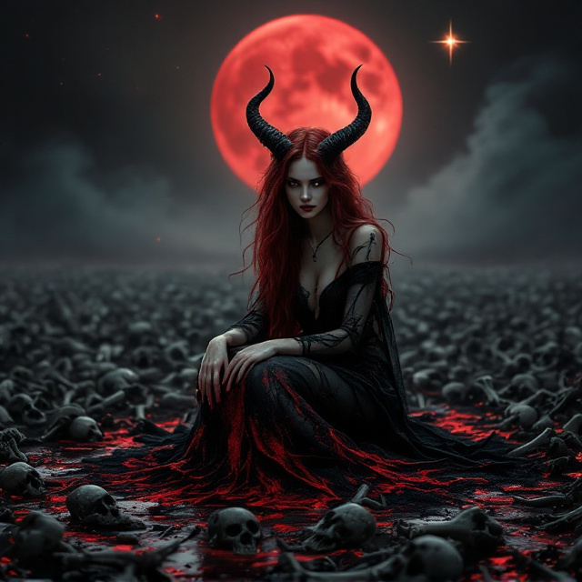 Lucifer's strikingly beautiful daughter sits in the center of the cover, her long, flowing dark red hair merging seamlessly into the blood pooling around her. She is clad in a tattered black and crimson dress, with delicate but hauntingly ethereal horns on her head. Behind her is an eerie field of bones stretching endlessly into the horizon, bathed in the dim light of a blood moon. A single falling star streaks across the sky, glowing faintly golden, offering a glimmer of hope amidst the chaos. The edges of the cover transition into shadowy darkness with wisps of smoke curling upward.