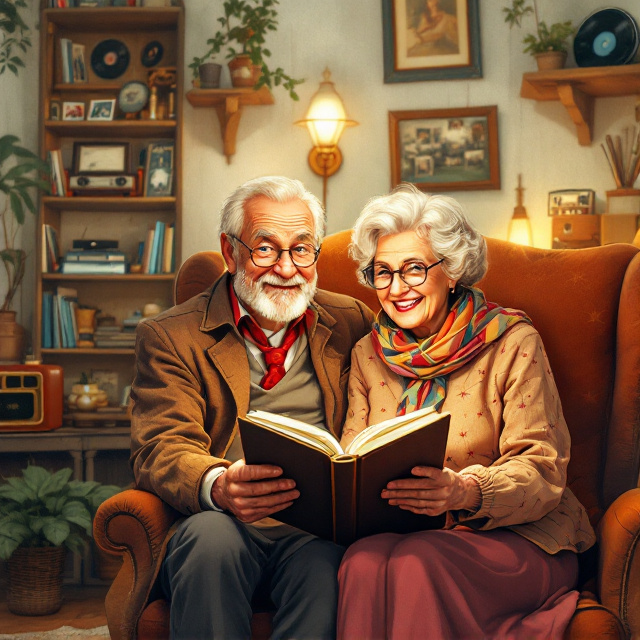 A realistic illustration of a smiling elderly couple, seated on a cozy vintage armchair by a softly lit rustic living room. They are holding an open memory album, giving a feeling of warmth and intimacy. Their attire reflects the era, with the man wearing a retro jacket and red tie while the woman dons a colorful scarf and retro dress. The background consists of muted tones—sepia hues with wooden shelves holding nostalgic memorabilia (a radio, vinyl records, and framed photos from the 50s–80s). The edges of the illustration softly fade into a vintage texture resembling aged paper.