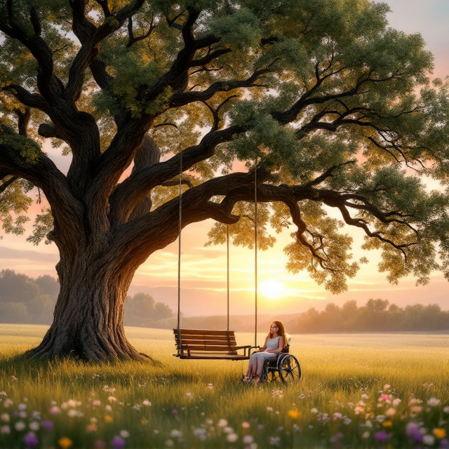 A serene countryside scene featuring a large oak tree with sprawling branches, a wooden porch swing hanging from one of the branches, and a girl in a wheelchair sitting near the swing, smiling. The background showcases a soft sunset with hues of orange, pink, and lavender. The foreground has subtle flowers blooming in a grassy field.