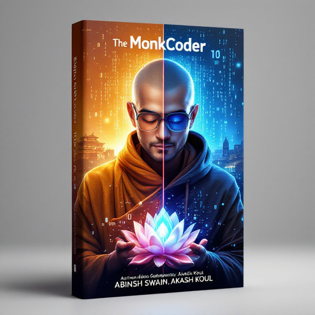 The left half of the book cover portrays a serene Buddhist monk with closed eyes. The saffron robes flow smoothly against the backdrop of a Himalayan monastery bathed in a golden sunrise. The right half showcases a tech-savvy coder, wearing futuristic glasses and a hoodie, positioned against a high-tech cityscape. Bright neon blue coding symbols float around him and reflect in his glasses. The central transition area merges a meditating monk’s hand gesture with binary codes, forming a seamless gradient from earthy warmth to cyber brilliance. A floating lotus mingles with binary digits in the foreground to symbolize harmony between spirituality and success.