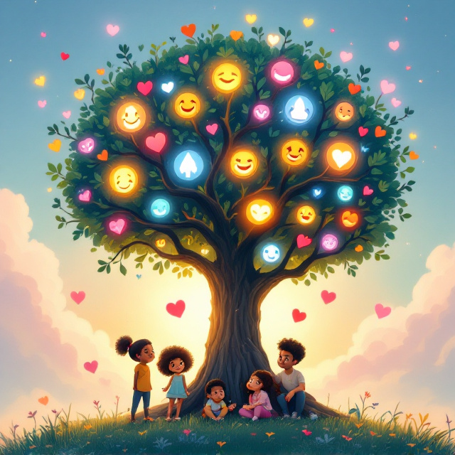 A towering enchanted tree occupies the center of the cover, its branches resembling a brain-like silhouette while glowing emotion orbs hang like fruit from the tree. The orbs feature vibrant illustrations of emotions (smiling emoji, teardrop, thunderstorm, glowing heart, etc.), each emitting a soft glow. Beneath the tree sits a small group of diverse children with varied expressions — one looks curious, one joyful, one thoughtful, and one teary-eyed. A nurturing guardian figure leans nearby, a gentle hand on a child’s shoulder. The background showcases a dreamy pastel sky with hints of golden light peeking through, creating a warm, hopeful mood. Floating hearts with soft glows surround the scene, adding an imaginative and magical touch.