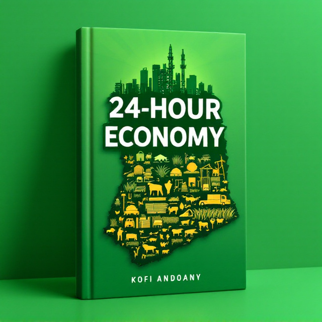 A vibrant green background covering the entire cover, symbolizing progress and growth. Overlaid on this backdrop is a detailed silhouette of Ghana's map, filled with graphical depictions of various economic aspects such as manufacturing machinery, poultry, livestock, and agricultural fields. Subtle fading effect integrates these elements seamlessly with the map. In the top-center, an industrial skyline merges into crop fields, portraying both urban and rural economic activities.