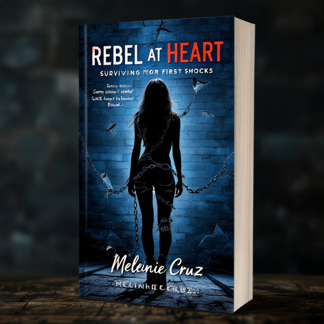 The book cover features a textured navy blue brick wall in the background, symbolically cracked and aged in some areas. A central silhouette of a slim woman with long flowing hair is depicted in black against the wall, wearing ripped jeans and standing upright with visible determination. Chains wrap tightly around her body, but pieces of the chain are shown dramatically breaking apart. There’s subtle light shining through the cracks in the brick wall and the broken chains, providing a sense of hope.
