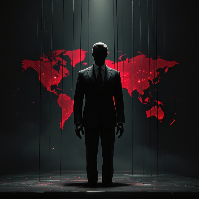 A shadowy marionette figure of a politician dressed in a crisp dark suit, with a neutral, emotionless face, standing upright while suspended by strings. The strings are visible but blend into an ominous, darkened background. In the midground, a glowing red world map, scattered with tiny white pins, is illuminated with the effect of appearing like a situation room screen. The color scheme combines deep black tones and red, with faint touches of gray and white for contrast.