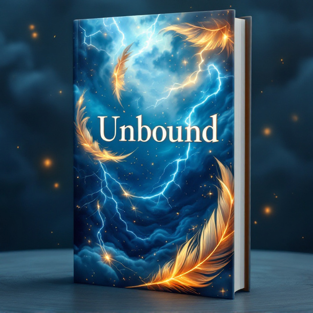 Whirling golden feathers glow softly against a backdrop of cascading light blue magical winds. The winds form curling, delicate shapes that look almost alive, curling outward and filling the cover with a sense of motion. Deep indigo storm clouds hover in the background, where arcs of bright, electric lightning slash dramatically, illuminating portions of the cover with contrasting brightness. Hints of sparkles and shimmering erasures float within the wind as if carrying latent magic.