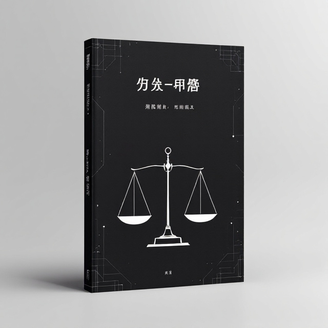 A minimalist black and white design with a balanced scale (天平) as the central focus. The scale is depicted in clean, sharp lines, symbolizing justice and science. The background is solid black with faint geometric patterns in white to subtly hint at technological precision.