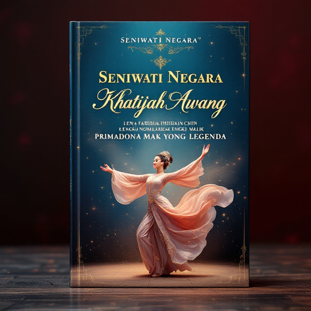 The cover features a soft-textured illustration of Khatijah Awang in a striking Mak Yong dance pose, draped in authentic traditional attire. The setting is a theatrical stage with faint, aged floral kerawang motifs blended into the background, giving it a nostalgic, vintage appeal. A gradient background transitions from deep royal blue at the top to rich maroon at the bottom, adorned with faint gold sparkles around the title to signify her prestige.