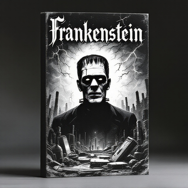 A black-and-white illustration of Frankenstein’s Monster dominates the center, created with heavy shading and dramatic contrasts. The Monster appears staring directly out of the cover, with hollow, mournful eyes conveying his tragic existence. A desolate laboratory in ruins occupies the background, littered with broken equipment, with faint silhouettes of lightning cracks highlighting the stormy atmosphere. The image looks rough with a hand-drawn, etching-like style that amplifies the haunting and introspective feel.