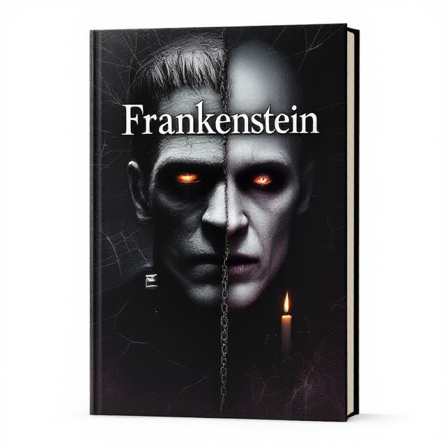 The cover is split down the center, with Frankenstein’s dark, brooding figure on one side and the Monster’s pale, tragic face on the other. Subtle imagery such as shattered glass fragments, faint chains, and flickering candlelight weave through both halves to symbolize their interconnected despair. The background uses gradient dark purples fading into black for Frankenstein's side, while the Monster’s side features pale flesh tones fading into gray.