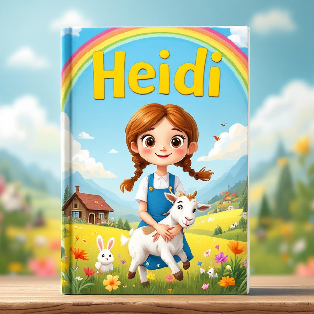 A cartoon-style illustration features Heidi in the center, with large, expressive eyes and a radiant smile. She’s holding her goat, which has a playful pose, as if bounding joyfully on the grassy field. In the background, her cozy, wooden cabin sits surrounded by colorful wildflowers, while rabbits and birds add life to the scene. Above Heidi’s head, a rainbow arcs across a bright, blue sky, complementing fluffy white clouds. The overall effect is whimsical and cheerful.