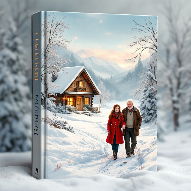 A serene, snowy landscape featuring Heidi and her grandfather walking hand-in-hand. Heidi is dressed in a vibrant red coat and scarf that contrasts the soft whites of the snow. Snow-covered trees flank the scene, and a rustic wooden cabin is nestled in the background. A warm orange glow emanates from the cabin’s window, symbolizing comfort amidst the cold. The sky above transitions to soft winter pastels of light blue and gray.