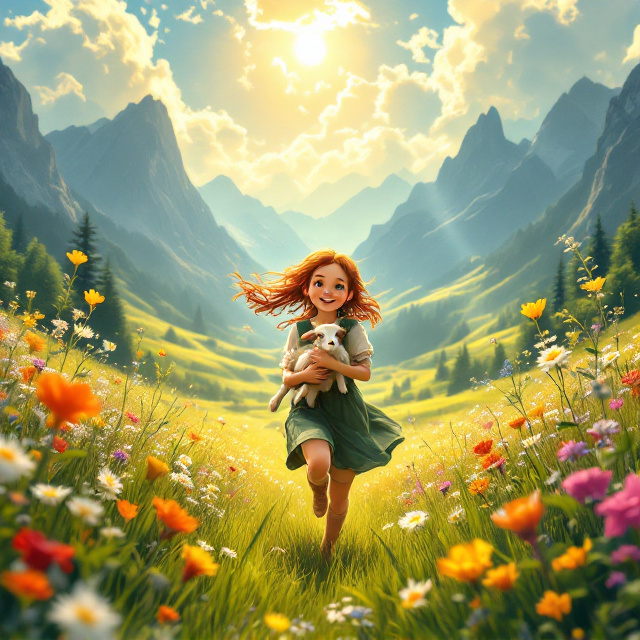 standing book mockup, Its title is "Heidi".  Heidi is depicted running through a verdant meadow filled with wildflowers and lush grass, framed by towering alpine mountains in the background. Sunlight pours through scattered clouds, creating a warm, golden halo that bathes Heidi and her surroundings. A small goat nestled in her arms adds an extra touch of innocence and charm, while her joyous smile radiates freedom and adventure. The overall composition uses vibrant hues of bright blues in the sky, lush greens for the meadow, and sunlit yellows for a center highlight. The title "Heidi" is styled in a playful and whimsical serif font, with a slightly hand-drawn aesthetic to convey the childlike and uplifting feel of the story. The letters are colored in sunlit yellow, with soft shadows to provide depth and match the overall warmth of the scene., The book title is positioned toward the top-center to draw immediate attention, while the detailed illustration of Heidi occupies the bottom two-thirds of the cover. The mountain backdrop extends to the edges of the cover, giving an expansive, open feel. Lightly blurred clouds are scattered at the top, framing the text without overshadowing the vibrant landscape below. The area where the author's name typically appears should be left completely blank, with no text or placeholder.