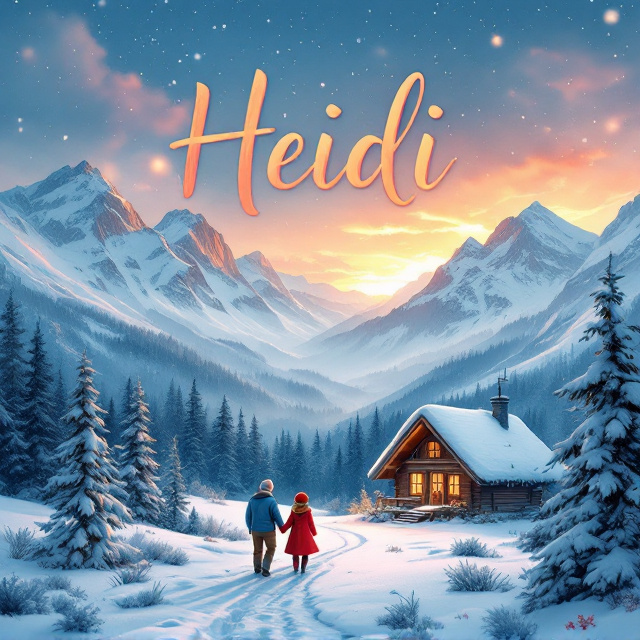 A snow-covered landscape with rolling mountains and dense evergreen trees. Heidi and her grandfather are walking hand in hand towards a small, cozy wooden cabin nestled in the snow. The cabin glows with warm yellow light from its windows, contrasting beautifully against the cool tones of the snowy environment. A soft snowflake texture overlays the sky, showcasing a radiant sunset with gradually blending soft whites, icy blues, and warm reds. The characters are dressed warmly in colorful winter attire, adding life to the serene background.
