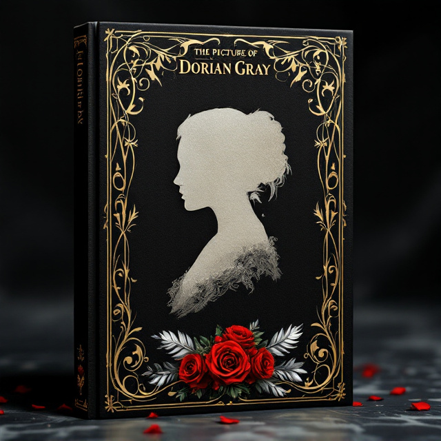 An ornate golden filigree pattern frames the cover, curling and twisting into intricate shapes like ivy over a black background. At the center, a faint silhouette of an elegant Victorian-style portrait, its edges appearing worn and ghostly as though fading into the darkness. A small bouquet of crimson roses with scattered feathers is subtly embossed at the bottom of the frame, adding a delicate and mysterious touch. The golden filigree glimmers faintly, creating a visual contrast with the black base.