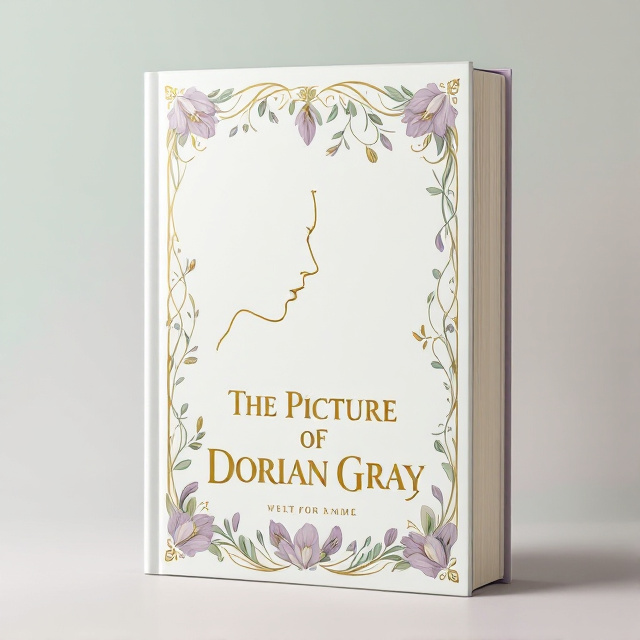 The cover features an outline of Dorian Gray’s profile on the left side, elegantly designed with curved Art Nouveau styling. Surrounding the profile are intricate floral patterns—lavender-colored irises and pale green vines—with ornamentation in gold accents. The background is a soft gradient that fades from lavender at the top to pale green at the bottom, creating a calming pastel palette.