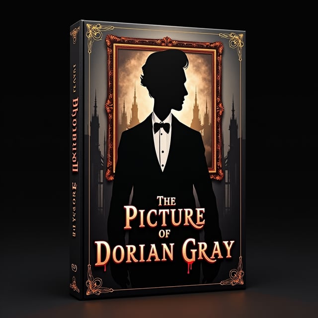 A haunting half-figure silhouette of Dorian Gray in elegant 19th-century attire is centered on the cover, with his face turned slightly towards the viewer in a devilish, unreadable expression. The background is a dark, weathered texture of Gothic spires barely emerging through swirling shadows, illuminated faintly by flickering candlelight. Partially covering his silhouette is an ornate frame holding a blurred and distorted painting — subtle streaks of red paint drip down like blood, symbolizing the decay and darkness of the portrait as Dorian remains youthful.