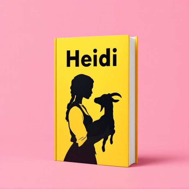 A vibrant yellow background dominates the cover, with a bold black silhouette of Heidi holding a goat. Heidi's braided hair and the goat’s distinct curved horns are sharply outlined. Both figures are positioned centrally in a playful pose, with Heidi standing upright, her head tilting toward the goat as if sharing an intimate moment.