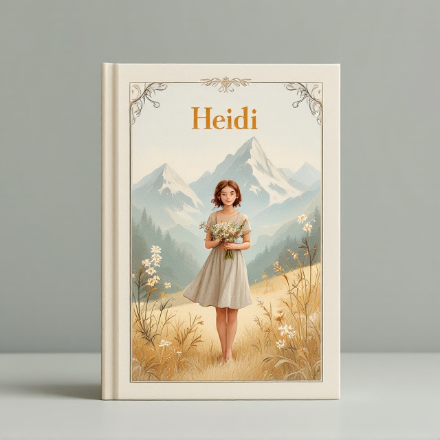 Heidi is featured in the center, drawn in soft pencil strokes wearing a simple dress with faint cross-hatching. She clutches a bouquet of wildflowers while standing on a grassy hill. Behind her, the Alps are softly rendered in muted pastel teal tones, fading into the background to create depth. A delicate ornamental border surrounds the image, reminiscent of 19th-century book illustrations. The color palette stays consistent with soft brown, cream, and pastel teal to evoke warmth and nostalgia.