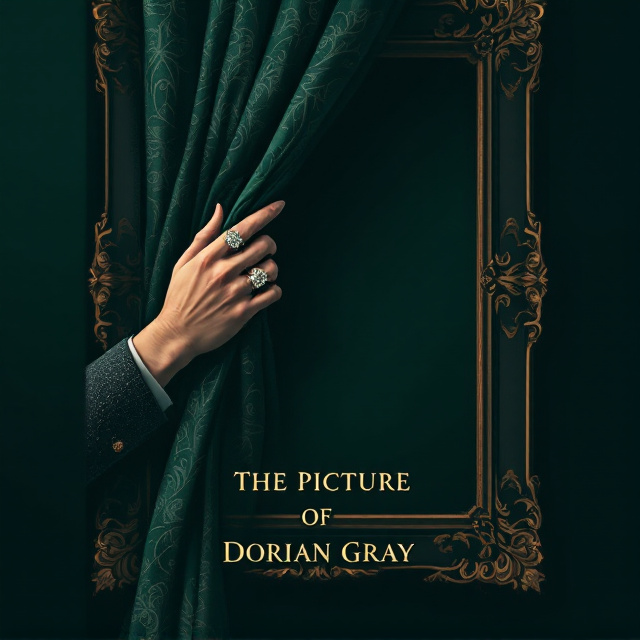 A single refined male hand, adorned with a jeweled ring, positioned at the center of the design. The hand is lifting or parting an intricately patterned curtain, revealing the edge of an ornate frame with baroque detailing. The protagonist’s face is hinted at within the frame, partially obscured by shadows or faint line art. The color palette is dominated by dark forest green as the background accented with antique bronze tone for the curtain and frame details. All elements are executed in single-color line art style for an elegant and suspenseful aesthetic.
