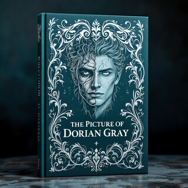 Line art captures Dorian Gray’s face in a half-profile, with one side of his features impeccably flawless and elegant, while the other subtly fractured with cracks and shadows. A swirling, ornate frame encircles the image, filled with intricate, vine-like patterns that hint at vanity and timelessness. The moody teal background is textured like aged fabric. The white line work is detailed, with subtle strokes to highlight Dorian’s expression of cool aloofness mixed with faint unease.