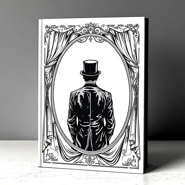 In the center of the cover, the protagonist is illustrated from behind in monochrome line art, wearing formal attire and a top hat. A subtle, ornate decorative frame surrounds his figure, hinting at the concealed portrait. On either side, draped curtains cascade downward, with intricate patterns that add an elegant touch. The edges feature delicate Art Nouveau-inspired motifs, creating a refined border. The background is plain, allowing the central image to dominate while evoking mystery through the contrast of shadows and faded textures.