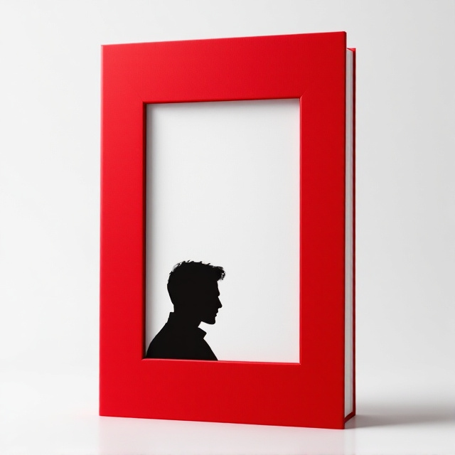 A crisp white background with a bold, square red frame positioned in the center, symbolizing the ominous portrait. Overlapping the bottom right corner of the frame is a small black silhouette of the male protagonist in profile, gazing inward toward the red frame. The negative space creates a stark and modern appeal, keeping the focus on the red frame and the silhouette.