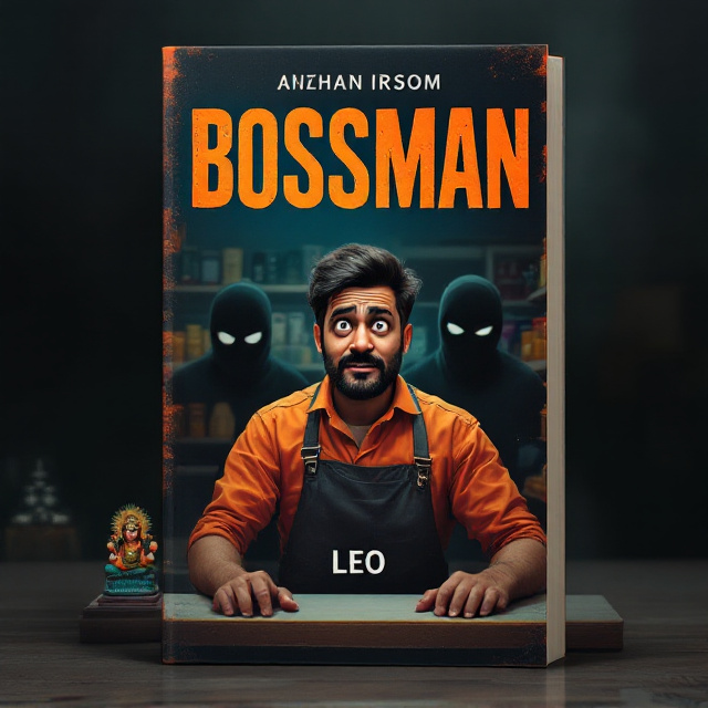 The cover features a comically exaggerated depiction of an Indian 7-Eleven worker standing behind a counter, nervously clutching the edge of the counter. His expression is a mix of wide-eyed caution and awkward humor, conveying a sense of impending chaos. Behind him, faint silhouettes of masked robbers with cartoonish faces loom in the background. The setting includes shelves of bright snacks and cultural details, like a small, humorous Indian deity statue placed near the cash register. The background fades into a soft, smoky black to evoke both tension and depth, balancing the comedic undertone with hints of sadness.