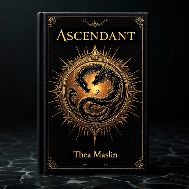 A deep black background textured with subtle, glossy dragon scales. A glowing, intricately designed circular emblem in the center features a sinuous black dragon depicted in gold outline, looping into the shape of an ancient ouroboros. Detailed gold filigree decorates the edges of the circle, seamlessly blending into delicate streaks of gold extending outward, as if radiating light. The title, "Ascendant," sits above the emblem in gold, with a mystical, fantasy-style font, slightly embossed for a 3D effect. Below the emblem, the author’s name, “Thea Maslin,” appears in a much smaller, clean serif font in gold.