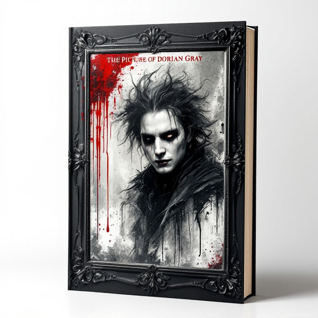 A black baroque-style frame occupies the majority of the cover, with exaggerated ornate details and a gothic flair. Within the frame, the portrait of Dorian Gray is rendered abstractly, featuring heavily blurred brushstrokes that drip downward onto the edge of the frame. Splashes of deep red appear near the upper corner of the portrait, creating a sense of blood and moral descent. The background is completely white to contrast and evoke stark mystery and drama.
