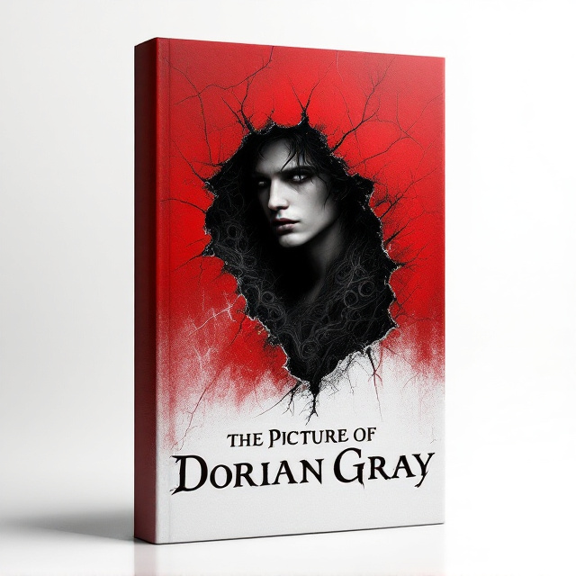 A torn red and white canvas spans the entire cover, with jagged edges separating the colors. The canvas appears peeled open diagonally, revealing a dark and surreal interior with enigmatic swirling textures. Emerging from the torn edges is the hauntingly beautiful silhouette of the male protagonist, his face partially obscured by shadows and intricate, intertwining patterns. The outer canvas glows faintly while the inner revealed area is deep and ominous in tone. Subtle cracks and scratches embellish the background, enhancing the texture.