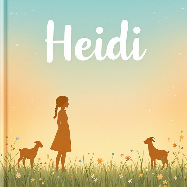 A clean silhouette of Heidi with braids in minimal line art, leaning slightly forward as she watches two playful goats on her left. The background is a radiant gradient transitioning from light orange to pale blue with hints of grass green. Scattered small floral motifs around her feet and grass blades bring vibrancy.