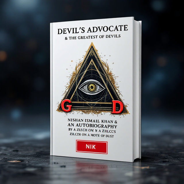 The background is primarily white with a faint cosmic gradient of blues and blacks along the edges, giving a hint of the universe and mystery. The center features a bold black triangle with an intricate All-Seeing Eye symbol inside, detailed with golden highlights for a striking effect. The triangle’s points touch vivid red letters forming "G, O, D," placed strategically across the edges of the triangle. The title "DEVIL’S ADVOCATE & THE GREATEST OF DEVILS" sits at the top in bold, sans-serif typography. Below this, the subtitle "AN AUTOBIOGRAPHY BY A ZILCH ON A MOTE OF DUST" is displayed in smaller, elegant italicized text. At the bottom, the author name "NISHAN ISMAIL KHAN" is prominent in white uppercase letters within a red rectangular block, with "NIK" directly below in yellow minimalist font.